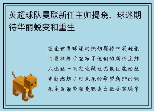 英超球队曼联新任主帅揭晓，球迷期待华丽蜕变和重生